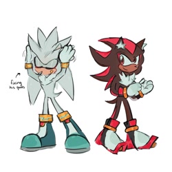 Size: 1280x1280 | Tagged: safe, artist:fleurizo_, shadow the hedgehog, silver the hedgehog, 2025, cute, duo, ear fluff, english text, eyes closed, fixing glove, fixing hair, licking, licking lips, looking at viewer, shadowbetes, silvabetes, simple background, smile, standing, tongue out, white background