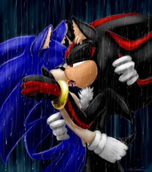 Size: 1132x1280 | Tagged: safe, artist:ezhik_shadow, shadow the hedgehog, sonic the hedgehog, 2025, abstract background, duo, ear fluff, gay, gloves off, holding each other, kiss, lidded eyes, making out, rain, shadow x sonic, shipping, signature, tongue out, wet