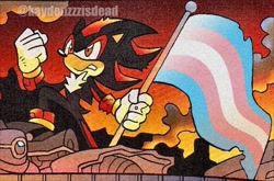 Size: 680x449 | Tagged: safe, editor:fryesplatoon0, shadow the hedgehog, edit, flag, holding something, looking offscreen, pride, pride flag, signature, solo, trans pride