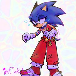 Size: 740x740 | Tagged: safe, artist:imtakako_, sonic the hedgehog, 2025, abstract background, clenched teeth, lidded eyes, looking offscreen, signature, solo, standing, sweatdrop, trans female, transgender