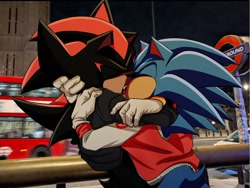 Size: 1024x768 | Tagged: safe, artist:sa_el_k, shadow the hedgehog, sonic the hedgehog, 2025, alternate version, bus, city, clothes, duo, eyes closed, gay, holding each other, jacket, kiss, making out, nighttime, outdoors, shadow x sonic, shipping, signature, standing