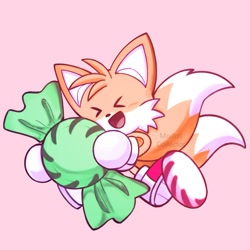 Size: 1511x1511 | Tagged: safe, artist:modistcollector, miles "tails" prower, 2025, cute, eyes closed, holding something, mint candy, mouth open, peppermint, pink background, simple background, smile, solo, tailabetes