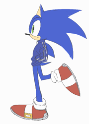 Size: 369x515 | Tagged: safe, artist:_________sxs, sonic the hedgehog, 2025, clothes, flat colors, frown, hand in pocket, jacket, looking offscreen, simple background, solo, standing, standing on one leg, white background