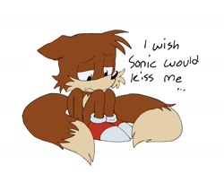 Size: 1045x849 | Tagged: safe, artist:pachirizuu, miles "tails" prower, sonic the hedgehog, adventures of sonic the hedgehog, 2025, english text, flat colors, floppy ears, frown, gay, lidded eyes, looking down, shipping, simple background, sitting, solo, sonic x tails, white background