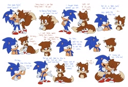 Size: 2048x1396 | Tagged: safe, artist:pachirizuu, miles "tails" prower, sonic the hedgehog, adventures of sonic the hedgehog, 2025, age difference, blushing, dialogue, duo, english text, flat colors, frown, gay, hugging, kiss on cheek, shipping, simple background, smile, sonic x tails, standing, underage, white background