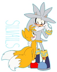 Size: 930x1182 | Tagged: safe, artist:pachirizuu, miles "tails" prower, silver the hedgehog, 2025, blushing, cute, duo, flat colors, gay, hugging, looking at each other, outline, ship name, shipping, silvails, simple background, smile, white background