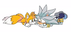 Size: 2048x928 | Tagged: safe, artist:pachirizuu, miles "tails" prower, silver the hedgehog, 2025, cute, duo, gay, looking at each other, lying on front, shipping, silvabetes, silvails, simple background, smile, tailabetes, white background