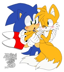 Size: 986x1111 | Tagged: safe, artist:pachirizuu, miles "tails" prower, sonic the hedgehog, 2025, alternate version, carrying them, duo, flat colors, gay, redraw, reference inset, shipping, simple background, sonic x tails, white background