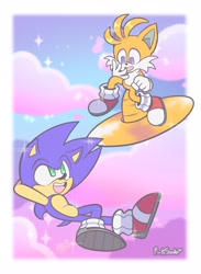 Size: 3003x4096 | Tagged: safe, artist:pinksodaeve, miles "tails" prower, sonic the hedgehog, abstract background, border, duo