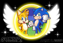 Size: 600x406 | Tagged: safe, artist:gonzartcortez, miles "tails" prower, sonic the hedgehog, sonic the hedgehog 2 (2022), 2021, black background, clenched fist, deviantart watermark, duo, hand on hip, looking at viewer, pointing, ring, signature, simple background, smile, sparkles, standing, watermark, wings