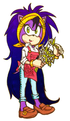 Size: 827x1425 | Tagged: safe, artist:dawnhedgehog555, queen aleena, 2018, apron, clenched teeth, clothes, flower, holding something, loafers, long hair, looking at viewer, shoes, simple background, smile, solo, standing, traditional media, transparent background