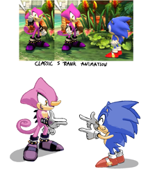 Size: 1191x1334 | Tagged: safe, artist:ok0wwy7, espio the chameleon, sonic the hedgehog, 2024, classic sonic, duo, eyes closed, fingergun, looking at them, reference inset, shadow (lighting), simple background, smile, sonic generations, standing, white background