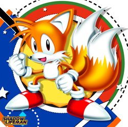 Size: 3000x2985 | Tagged: safe, artist:shadowlifeman, miles "tails" prower, 2024, abstract background, classic style, classic tails, clenched fist, clenched fists, lineless, looking at viewer, mouth open, signature, smile, solo, standing