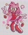 Size: 1687x2048 | Tagged: safe, artist:buttingston, amy rose, 2025, abstract background, blushing, cute, double v sign, eyelashes, food, heart, looking at viewer, mouth open, signature, smile, solo, standing, star (symbol), strawberry, v sign