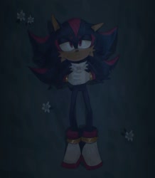 Size: 1587x1823 | Tagged: safe, artist:cha0s_error, shadow the hedgehog, 2025, abstract background, cheek fluff, flower, grass, hands together, looking up, lying down, nighttime, outdoors, solo