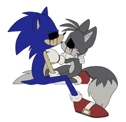 Size: 908x881 | Tagged: safe, artist:pachirizuu, miles "tails" prower, sonic the hedgehog, oc, oc:sonic.exe, oc:tails.exe, 2025, age difference, black sclera, bleeding, bleeding from eyes, blood, duo, flat colors, gay, hand on another's throat, kneeling, shipping, simple background, sitting, sonic x tails, sonic.exe x tails.exe, underage, white background