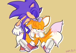 Size: 2048x1450 | Tagged: safe, artist:nyanman0526, miles "tails" prower, sonic the hedgehog, 2022, age difference, beige background, cute, duo, eyes closed, gay, hand on another's head, shipping, simple background, smile, sonic x tails, underage