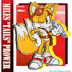 Size: 894x894 | Tagged: safe, artist:zeed_02, miles "tails" prower, 2025, abstract background, character name, flat colors, hand on hip, holding something, outline, signature, sketch, solo, sonic boom (tv), standing, wink, wrench