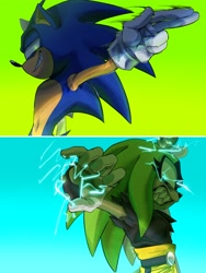 Size: 1542x2048 | Tagged: safe, artist:san_la_vraie, sonic the hedgehog, surge the tenrec, 2025, abstract background, clenched teeth, duo, electricity, frown, looking at viewer, smile, standing