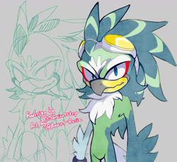 Size: 1280x1172 | Tagged: safe, artist:rascal-rosie, jet the hawk, 2019, arm fluff, chest fluff, fur markings, goggles, grey background, looking at viewer, redesign, signature, simple background, smile, solo, standing