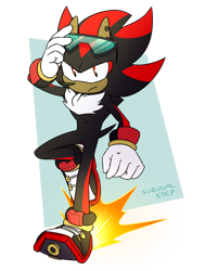 Size: 1280x1681 | Tagged: safe, artist:survivalstep, shadow the hedgehog, 2018, ear piercing, earring, frown, looking at viewer, semi-transparent background, signature, skating, solo, sunglasses