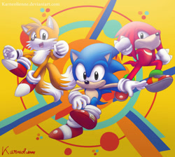 Size: 1024x917 | Tagged: safe, artist:karneolienne, knuckles the echidna, miles "tails" prower, sonic the hedgehog, sonic mania, 2017, abstract background, classic knuckles, classic sonic, classic tails, looking at viewer, mid-air, signature, smile, trio