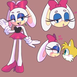 Size: 2000x2000 | Tagged: safe, artist:sonikku1999, carrotia the rabbit, miles "tails" prower, 2022, age difference, beanbrows, blushing, carrotia x tails, duo, lidded eyes, looking at each other, looking at viewer, shipping, smile, standing, straight, tails skypatrol, underage, wink