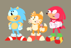 Size: 1054x717 | Tagged: safe, artist:akaki228777, knuckles the echidna, miles "tails" prower, sonic the hedgehog, 2017, classic knuckles, classic sonic, classic tails, lineless, looking offscreen, team sonic, trio