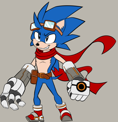 Size: 1218x1256 | Tagged: safe, artist:freehdmcgee, sonic the hedgehog, hedgehog, alternate universe, bag, belt, clenched fist, goggles, goggles on head, power ring, redesign, ring, roboticized, satam, scarf, shoes, smiling