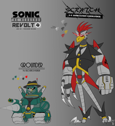 Size: 3107x3406 | Tagged: safe, artist:freehdmcgee, grounder, scratch, series:sonic revolt, alternate universe, aosth, black sclera, cigarette, claws, drill, eggman empire logo, exhaust pipe, fedora, glowing eyes, gun, hat, necktie, redesign, satam, smoking, suit, sunglasses, talons, treads, weapon