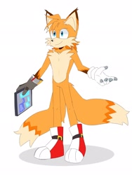 Size: 1536x2048 | Tagged: safe, artist:humming_ko, miles "tails" prower, adult, aged up, boots, ear fluff, electrical gloves, flat colors, fur markings, holding something, ipad, looking offscreen, older, shadow (lighting), simple background, smile, solo, standing, white background