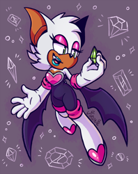 Size: 800x1010 | Tagged: dead source, safe, artist:virune, rouge the bat, bat, 2021, cleavage, crystal, eyelashes, female, flying, gem, holding something, lidded eyes, looking at something, mid-air, mouth open, one fang, open mouth, open smile, purple background, signature, simple background, smile, smiling, solo, solo female, sparkles