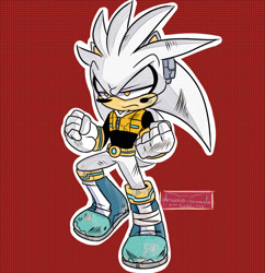 Size: 1280x1323 | Tagged: safe, artist:aresworld-suniverse, silver the hedgehog, sonic forces, 2018, belt, clenched fists, earpiece, frown, lidded eyes, looking offscreen, outline, red background, redesign, scratch (injury), signature, simple background, solo, standing