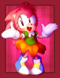 Size: 1280x1667 | Tagged: safe, artist:luckylovely, amy rose, 2017, abstract background, classic amy, looking offscreen, mouth open, open mouth, open smile, signature, smile, solo, standing