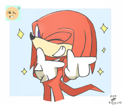 Size: 1186x1020 | Tagged: safe, artist:kitties-and-heavy-metal, knuckles the echidna, 2017, abstract background, border, clenched teeth, fingergun, looking at viewer, reference inset, signature, smile, solo, sparkles, standing, wink