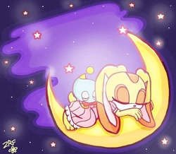 Size: 1280x1114 | Tagged: safe, artist:kitties-and-heavy-metal, cheese (chao), chao, 2016, abstract background, duo, eyes closed, moon, neutral chao, signature, sleeping, star (sky), star (symbol)