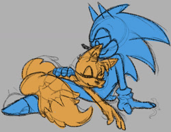 Size: 1229x950 | Tagged: safe, artist:crocodilemonitorinatrenchcoat, miles "tails" prower, sonic the hedgehog, 2025, duo, eyes closed, grey background, hand on back, looking at them, lying on front, monochrome, simple background, sitting, sketch, smile