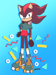 Size: 1280x1707 | Tagged: safe, artist:11sheepish11, shadow the hedgehog, 2018, belt, blushing, ear fluff, fingerless gloves, flat colors, gradient background, hand on hip, headphones, headphones around neck, looking at viewer, male, rollerskates, shirt, shorts, signature, socks, solo