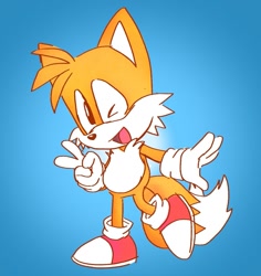 Size: 1187x1260 | Tagged: safe, artist:pukopop, miles "tails" prower, 2018, classic tails, cute, flat colors, gradient background, looking at viewer, mouth open, open mouth, smile, solo, standing, standing on one leg, tailabetes, v sign, wink