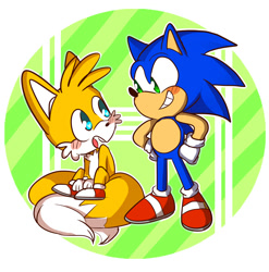 Size: 1242x1258 | Tagged: safe, artist:16dog, miles "tails" prower, sonic the hedgehog, 2018, abstract background, blushing, clenched teeth, cute, hands on hips, looking at each other, mouth open, open mouth, open smile, outline, sitting, smile, sonabetes, standing, tailabetes