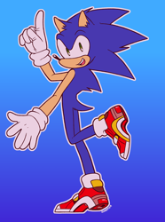 Size: 1280x1718 | Tagged: dead source, safe, artist:11sheepish11, sonic the hedgehog, ear fluff, flat colors, gradient background, looking at viewer, looking back, looking back at viewer, looking over shoulder, male, mouth open, open mouth, open smile, outline, smile, soap shoes, solo, standing, standing on one leg