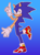 Size: 1280x1718 | Tagged: dead source, safe, artist:11sheepish11, sonic the hedgehog, blue background, ear fluff, flat colors, gradient background, looking at viewer, looking back, looking back at viewer, looking over shoulder, male, mouth open, open mouth, open smile, outline, smile, smiling at viewer, soap shoes, solo, standing, standing on one leg