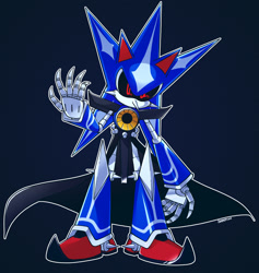 Size: 1280x1351 | Tagged: safe, artist:11sheepish11, metal sonic, neo metal sonic, 2020, black sclera, blue background, looking at viewer, outline, simple background, solo, standing