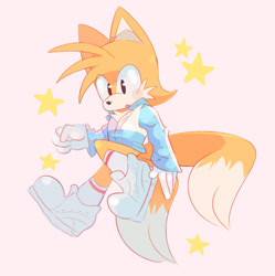 Size: 1280x1283 | Tagged: safe, artist:scuttletown, miles "tails" prower, 2018, cute, jacket, looking offscreen, male, mouth open, open mouth, simple background, solo, star (symbol), white background