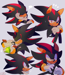 Size: 1280x1461 | Tagged: safe, artist:scuttletown, shadow the hedgehog, 2018, arms folded, blushing, chaos emerald, clenched fist, clenched teeth, frown, grey background, head rest, holding something, lidded eyes, looking at viewer, male, simple background, solo, speech bubble, standing, sweatdrop