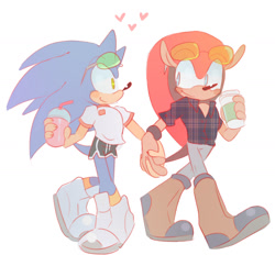 Size: 1280x1187 | Tagged: safe, artist:scuttletown, mighty the armadillo, sonic the hedgehog, 2018, blushing, boots, clothes, cute, drink, duo, gay, gloves off, heart, holding hands, holding something, looking at each other, pants, shipping, shirt, shorts, simple background, smile, smoothie, sonighty, sunglasses, walking, white background