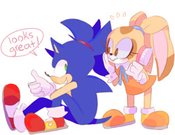 Size: 1124x864 | Tagged: safe, artist:scuttletown, cream the rabbit, sonic the hedgehog, 2018, ask response, blushing, dialogue, english text, eyelashes, hair up, hairbrush, holding something, looking at each other, mouth open, open mouth, open smile, ponytail, simple background, sitting, smile, speech bubble, standing, thumbs up, white background