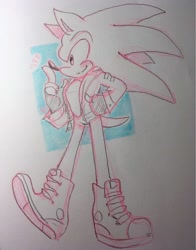 Size: 1280x1629 | Tagged: safe, artist:scuttletown, sonic the hedgehog, 2018, abstract background, blushing, boots, fingerless gloves, hand in pocket, jacket, line art, male, monochrome, open jacket, pointing, smile, solo, standing, traditional media