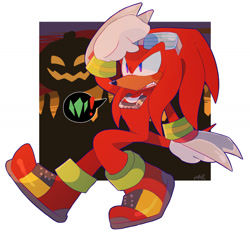 Size: 1280x1186 | Tagged: safe, artist:scuttletown, knuckles the echidna, pumpkin hill, sonic adventure 2, 2018, abstract background, air necklace, blushing, exclamation mark, looking offscreen, male, master emerald shard, mouth open, one fang, open mouth, outline, shovel claw, signature, solo, sunglasses