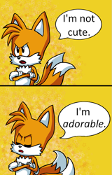 Size: 539x840 | Tagged: safe, artist:fieratheproud, miles "tails" prower, 2017, abstract background, arms folded, classic tails, dialogue, english text, eyes closed, looking offscreen, mouth open, open mouth, solo, speech bubble, standing, talking